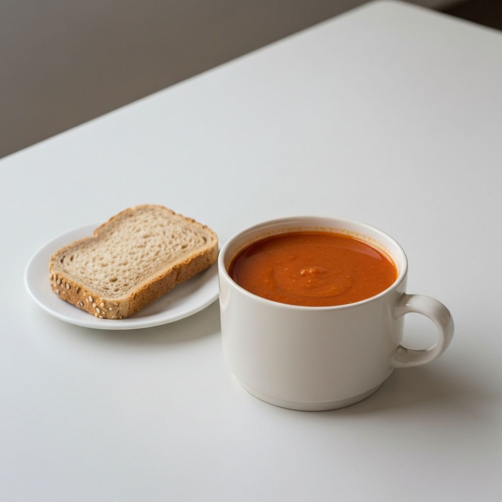 Plain tomato soup in ceramic mug with bread