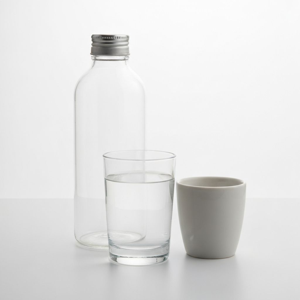 Plain water bottle, glass, and ceramic cup