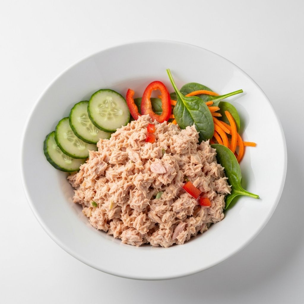 Simple tuna salad with vegetables in plain bowl