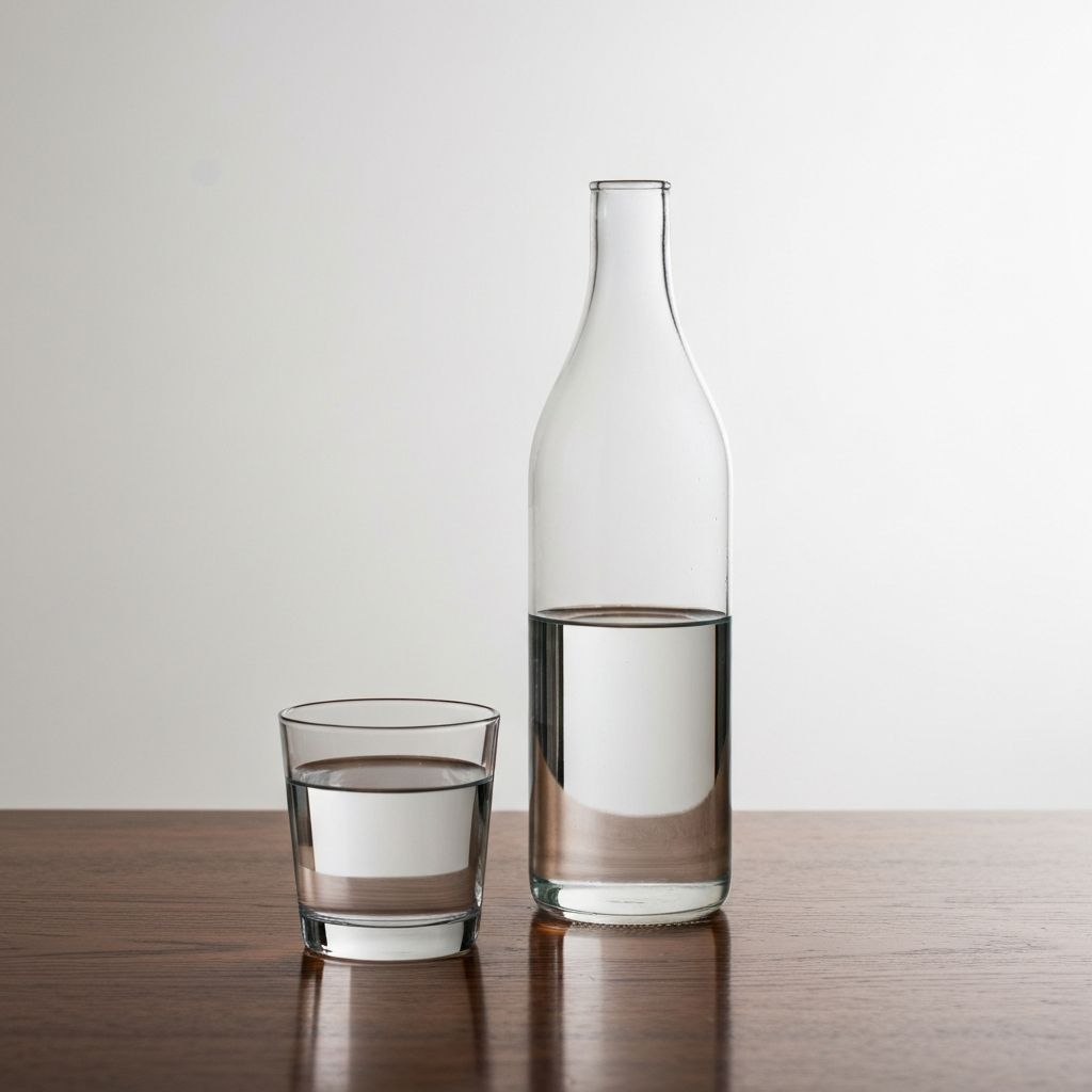 Plain glass water bottle and glass with clear water