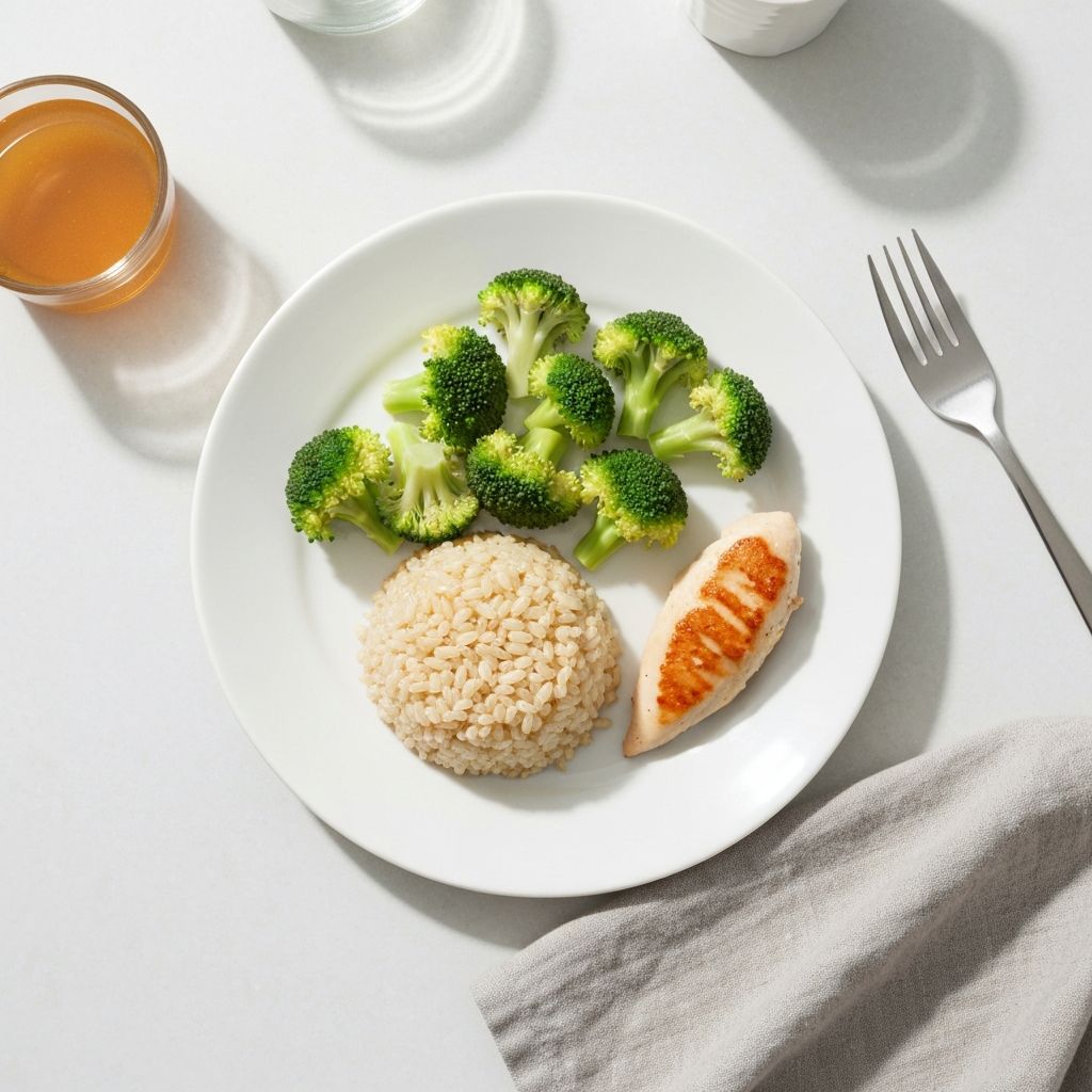 Portioned meal with measured brown rice, broccoli and chicken